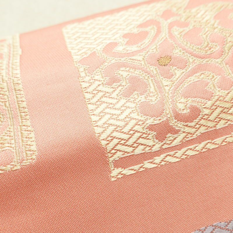 名古屋帯 太鼓柄 良品 正絹 幾何学柄・抽象柄 名古屋仕立て なごや帯 リサイクル帯 帯 金糸 ピンク_画像5