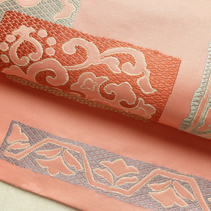 名古屋帯 太鼓柄 良品 正絹 幾何学柄・抽象柄 名古屋仕立て なごや帯 リサイクル帯 帯 金糸 ピンク_画像7