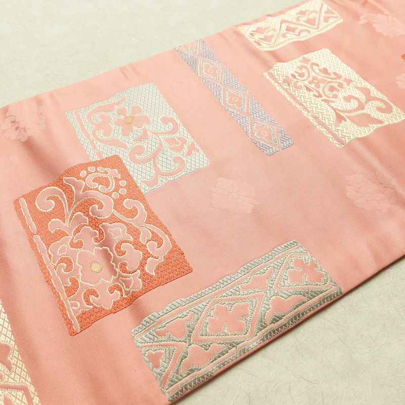 名古屋帯 太鼓柄 良品 正絹 幾何学柄・抽象柄 名古屋仕立て なごや帯 リサイクル帯 帯 金糸 ピンク_画像10