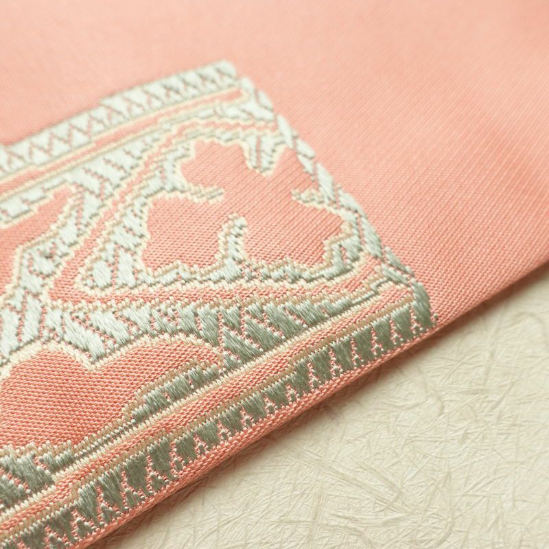 名古屋帯 太鼓柄 良品 正絹 幾何学柄・抽象柄 名古屋仕立て なごや帯 リサイクル帯 帯 金糸 ピンク_画像11