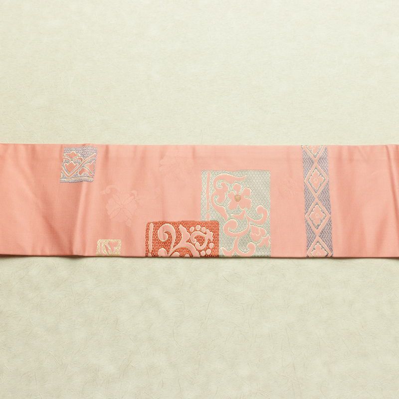 名古屋帯 太鼓柄 良品 正絹 幾何学柄・抽象柄 名古屋仕立て なごや帯 リサイクル帯 帯 金糸 ピンク_画像12