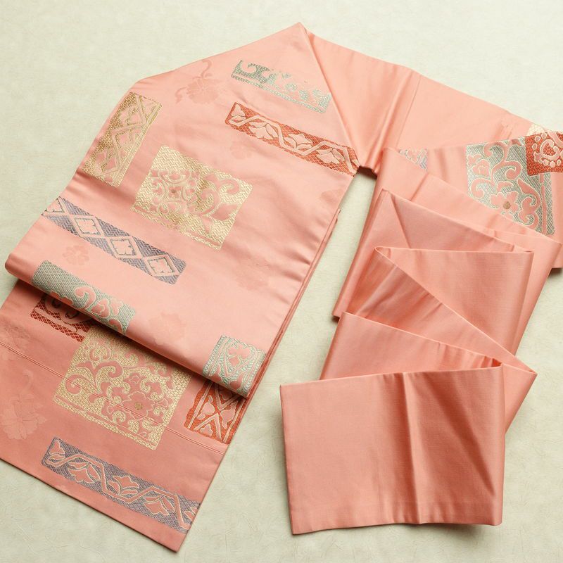 名古屋帯 太鼓柄 良品 正絹 幾何学柄・抽象柄 名古屋仕立て なごや帯 リサイクル帯 帯 金糸 ピンク_画像17