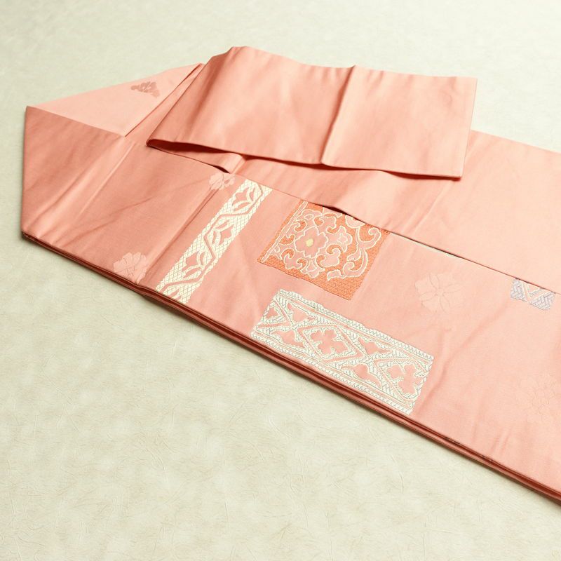名古屋帯 太鼓柄 良品 正絹 幾何学柄・抽象柄 名古屋仕立て なごや帯 リサイクル帯 帯 金糸 ピンク_画像21