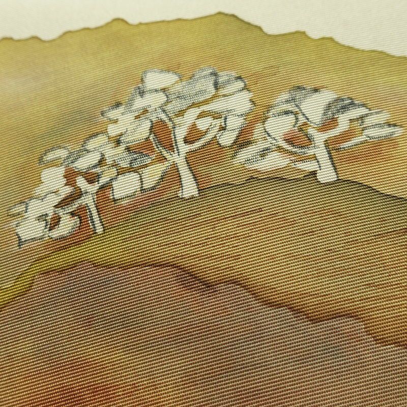 名古屋帯 太鼓柄 落款入り 正絹 風景柄 名古屋仕立て なごや帯 リサイクル帯 帯 シンプル 緑・うぐいす色_画像3