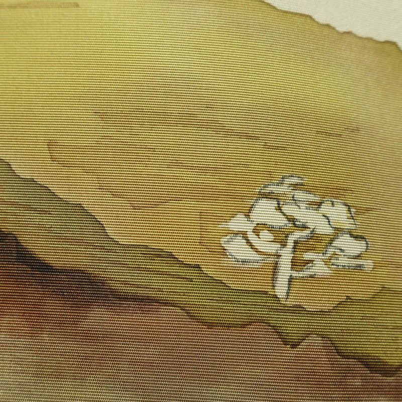 名古屋帯 太鼓柄 落款入り 正絹 風景柄 名古屋仕立て なごや帯 リサイクル帯 帯 シンプル 緑・うぐいす色_画像4