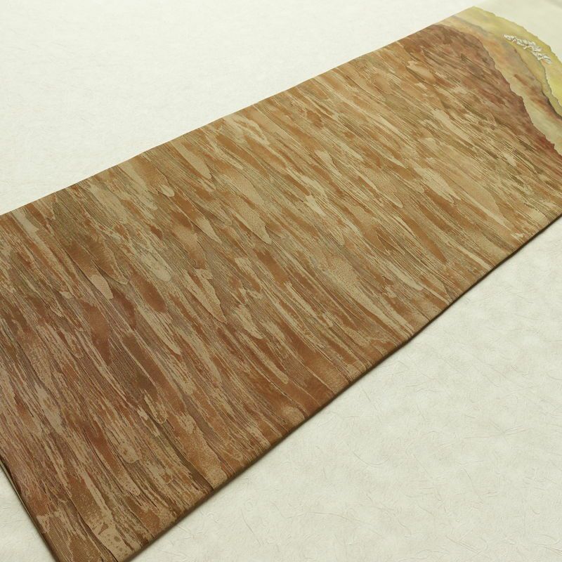 名古屋帯 太鼓柄 落款入り 正絹 風景柄 名古屋仕立て なごや帯 リサイクル帯 帯 シンプル 緑・うぐいす色_画像9