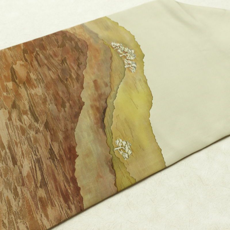 名古屋帯 太鼓柄 落款入り 正絹 風景柄 名古屋仕立て なごや帯 リサイクル帯 帯 シンプル 緑・うぐいす色_画像11