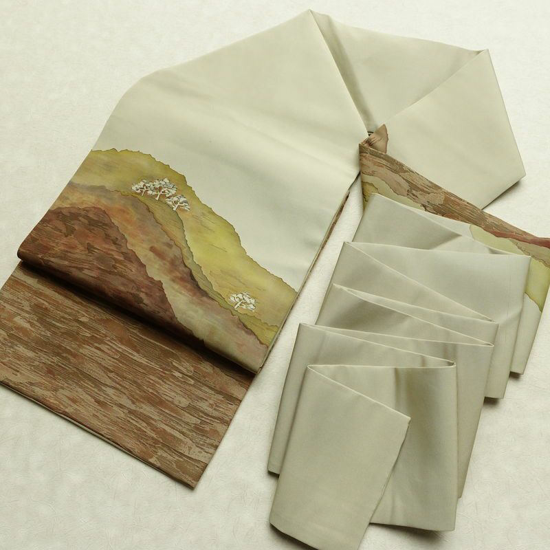 名古屋帯 太鼓柄 落款入り 正絹 風景柄 名古屋仕立て なごや帯 リサイクル帯 帯 シンプル 緑・うぐいす色_画像19