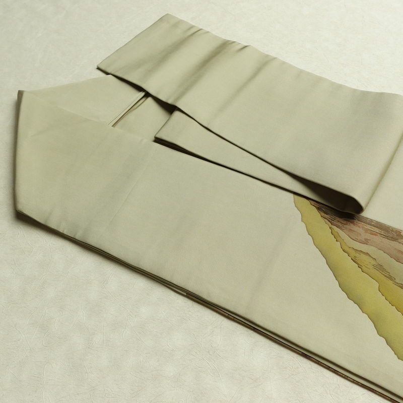 名古屋帯 太鼓柄 落款入り 正絹 風景柄 名古屋仕立て なごや帯 リサイクル帯 帯 シンプル 緑・うぐいす色_画像21