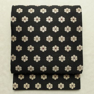袋帯 六通柄 良品 一般用 正絹 花柄 リサイクル帯 帯 モダン 洒落 黒