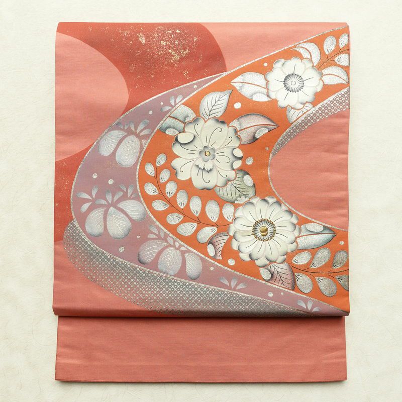 名古屋帯 太鼓柄 正絹 花柄 通し仕立て なごや帯 リサイクル帯 帯 刺繍 箔 ピンク_画像1