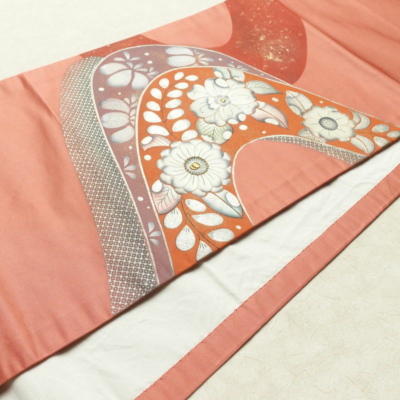 名古屋帯 太鼓柄 正絹 花柄 通し仕立て なごや帯 リサイクル帯 帯 刺繍 箔 ピンク_画像13