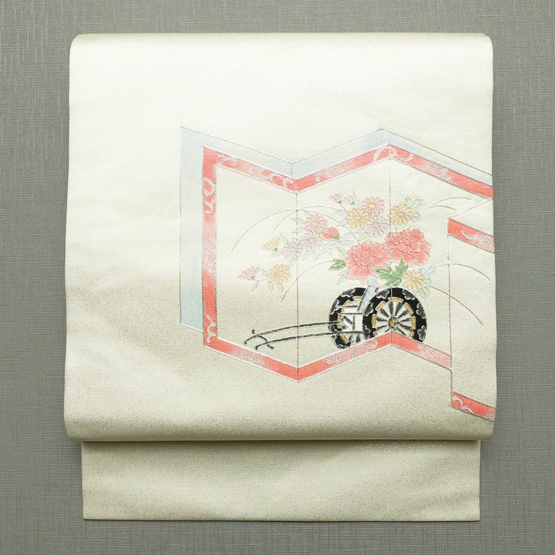 名古屋帯 太鼓柄 正絹 古典柄 名古屋仕立て なごや帯 リサイクル帯 帯 菊 白_画像1