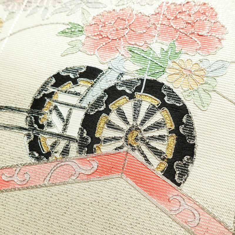 名古屋帯 太鼓柄 正絹 古典柄 名古屋仕立て なごや帯 リサイクル帯 帯 菊 白_画像4