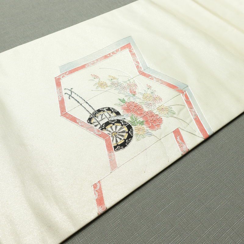 名古屋帯 太鼓柄 正絹 古典柄 名古屋仕立て なごや帯 リサイクル帯 帯 菊 白_画像12