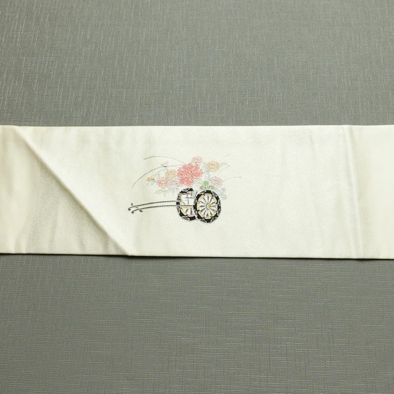 名古屋帯 太鼓柄 正絹 古典柄 名古屋仕立て なごや帯 リサイクル帯 帯 菊 白_画像14