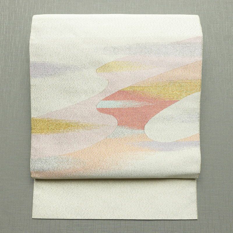 名古屋帯 太鼓柄 つづれ織 正絹 流水・波柄 松葉仕立て なごや帯 リサイクル帯 帯 シンプル 金・銀_画像1