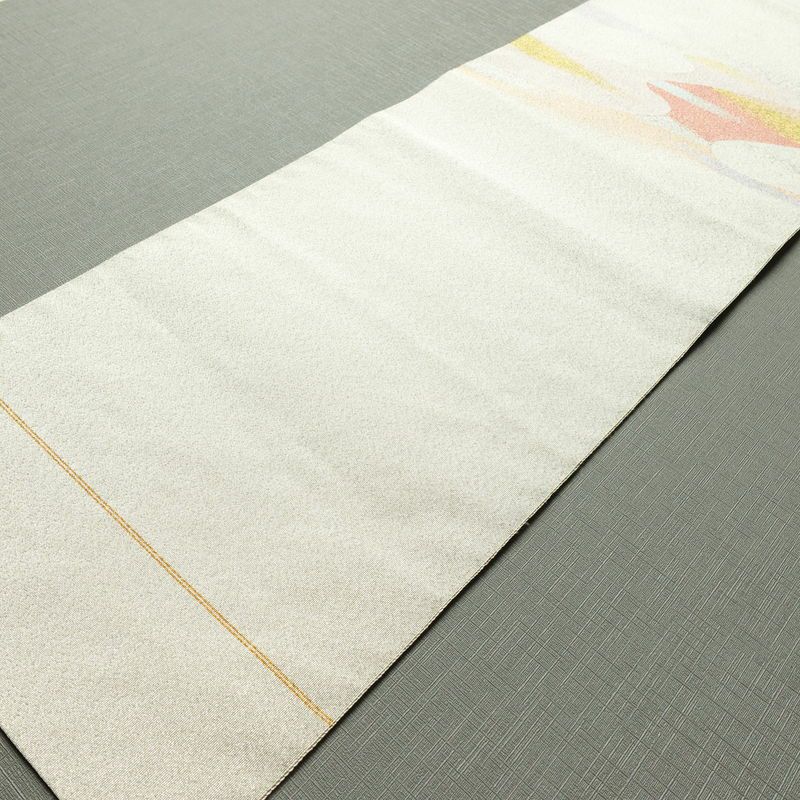 名古屋帯 太鼓柄 つづれ織 正絹 流水・波柄 松葉仕立て なごや帯 リサイクル帯 帯 シンプル 金・銀_画像9