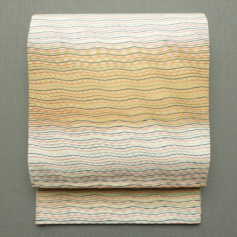 袋帯 市楽波筬織 六通柄 美品 一般用 正絹 縞柄・線柄 リサイクル帯 帯 洒落 多色使い_画像1