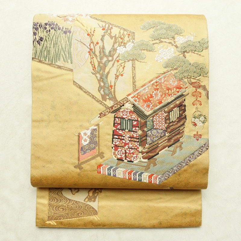 袋帯 太鼓柄 フォーマル用 正絹 古典柄 リサイクル帯 帯 箔 紅葉 梅 菖蒲 松 黄・黄土色_画像1