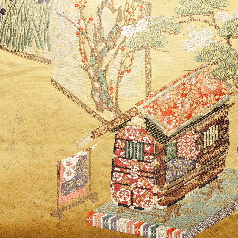 袋帯 太鼓柄 フォーマル用 正絹 古典柄 リサイクル帯 帯 箔 紅葉 梅 菖蒲 松 黄・黄土色_画像2