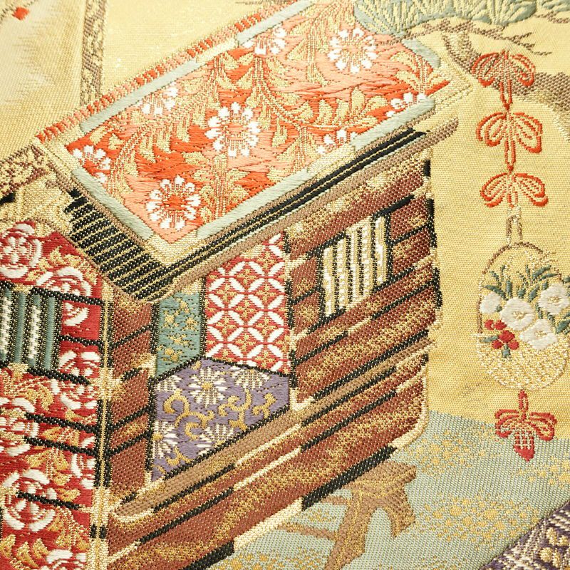 袋帯 太鼓柄 フォーマル用 正絹 古典柄 リサイクル帯 帯 箔 紅葉 梅 菖蒲 松 黄・黄土色_画像4