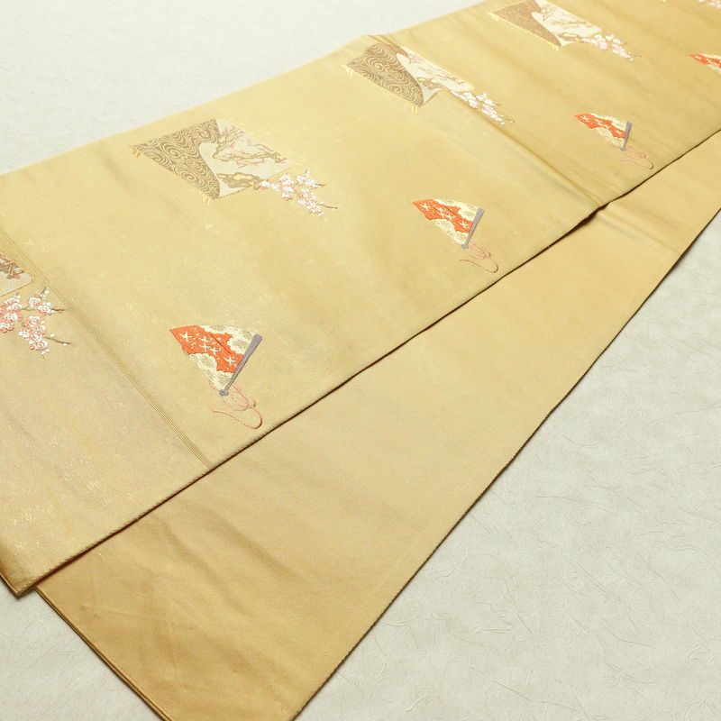 袋帯 太鼓柄 フォーマル用 正絹 古典柄 リサイクル帯 帯 箔 紅葉 梅 菖蒲 松 黄・黄土色_画像9