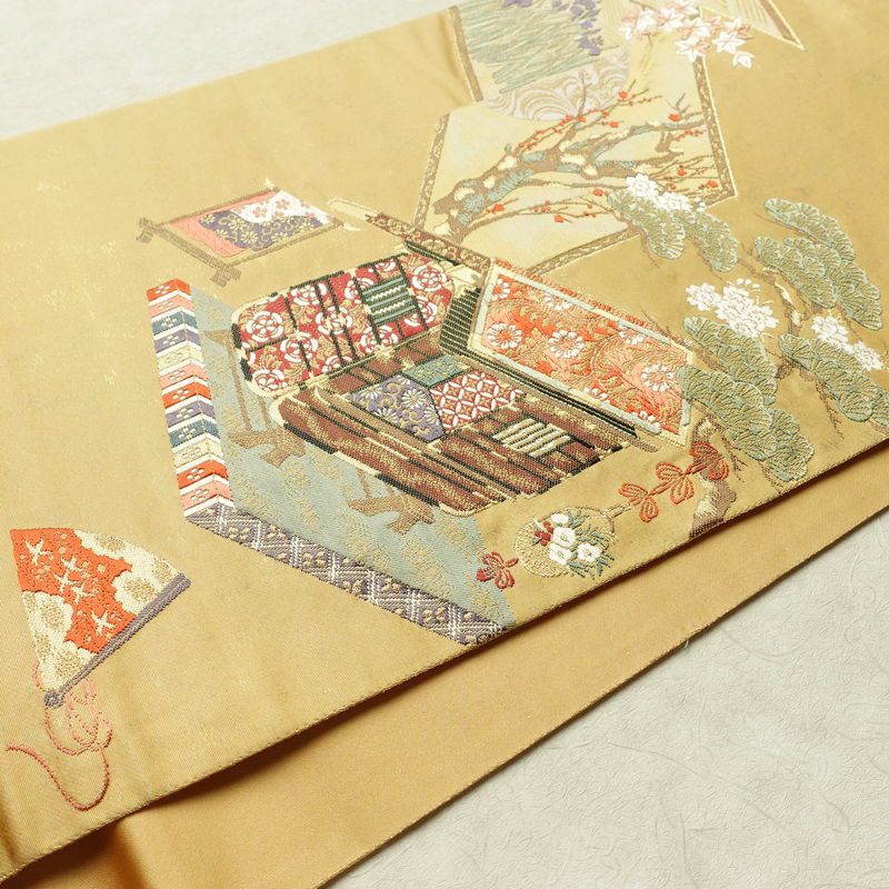 袋帯 太鼓柄 フォーマル用 正絹 古典柄 リサイクル帯 帯 箔 紅葉 梅 菖蒲 松 黄・黄土色_画像13