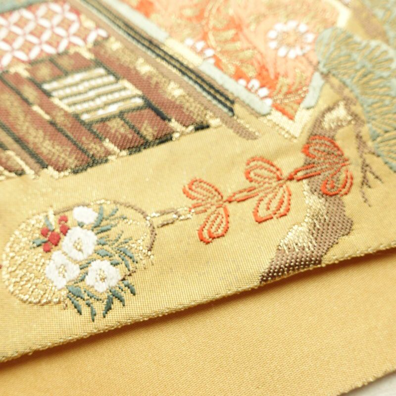 袋帯 太鼓柄 フォーマル用 正絹 古典柄 リサイクル帯 帯 箔 紅葉 梅 菖蒲 松 黄・黄土色_画像14