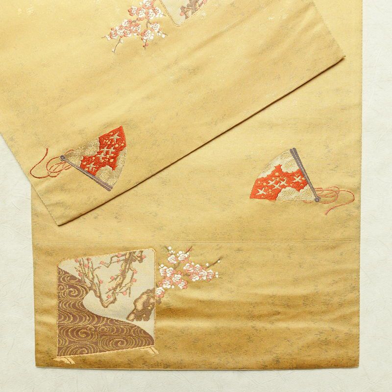 袋帯 太鼓柄 フォーマル用 正絹 古典柄 リサイクル帯 帯 箔 紅葉 梅 菖蒲 松 黄・黄土色_画像15
