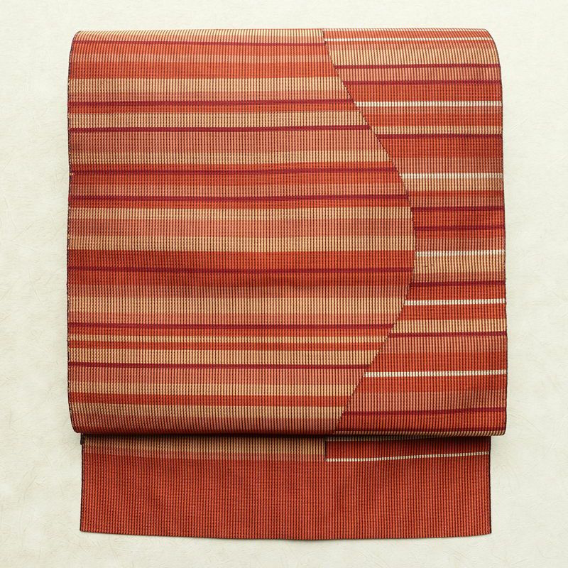 名古屋帯 六通柄 正絹 縞柄・線柄 松葉仕立て なごや帯 リサイクル帯 帯 モダン 茶_画像1