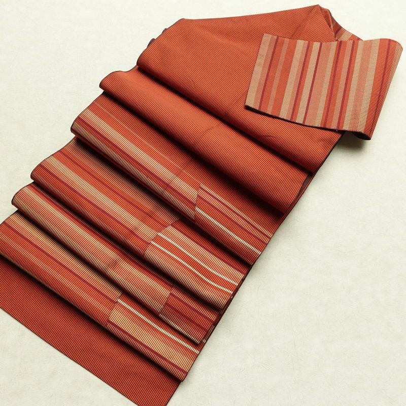 名古屋帯 六通柄 正絹 縞柄・線柄 松葉仕立て なごや帯 リサイクル帯 帯 モダン 茶_画像17