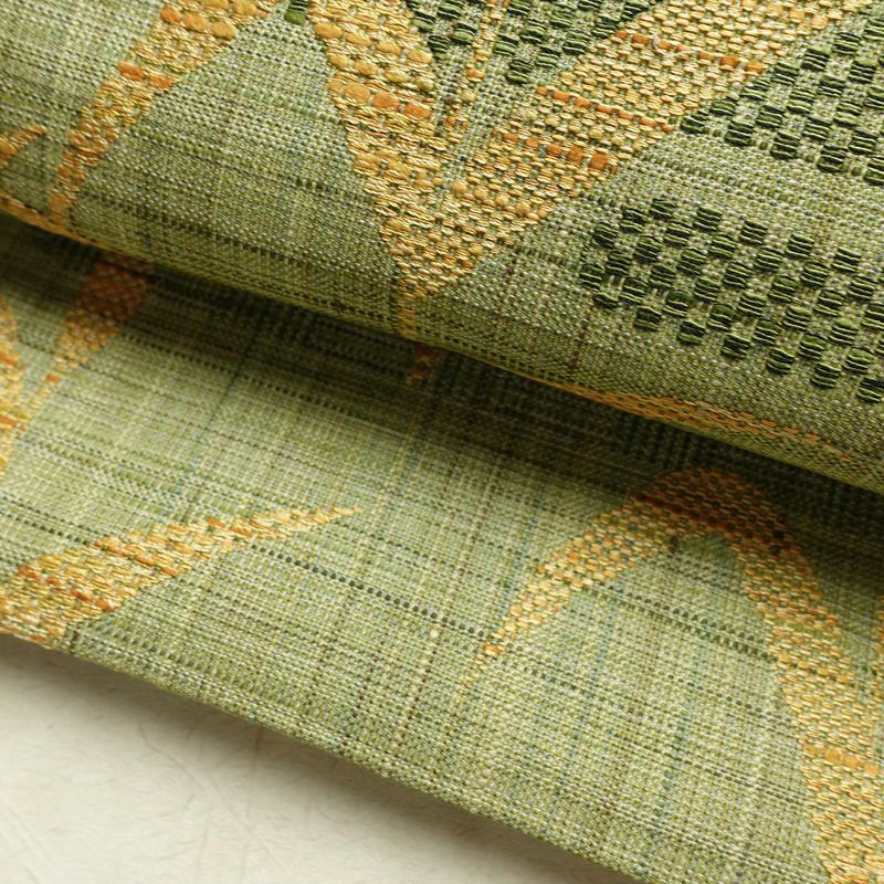 名古屋帯 六通柄 美品 正絹 木の葉・植物柄 通し仕立て なごや帯 リサイクル帯 帯 紬地 緑・うぐいす色_画像8