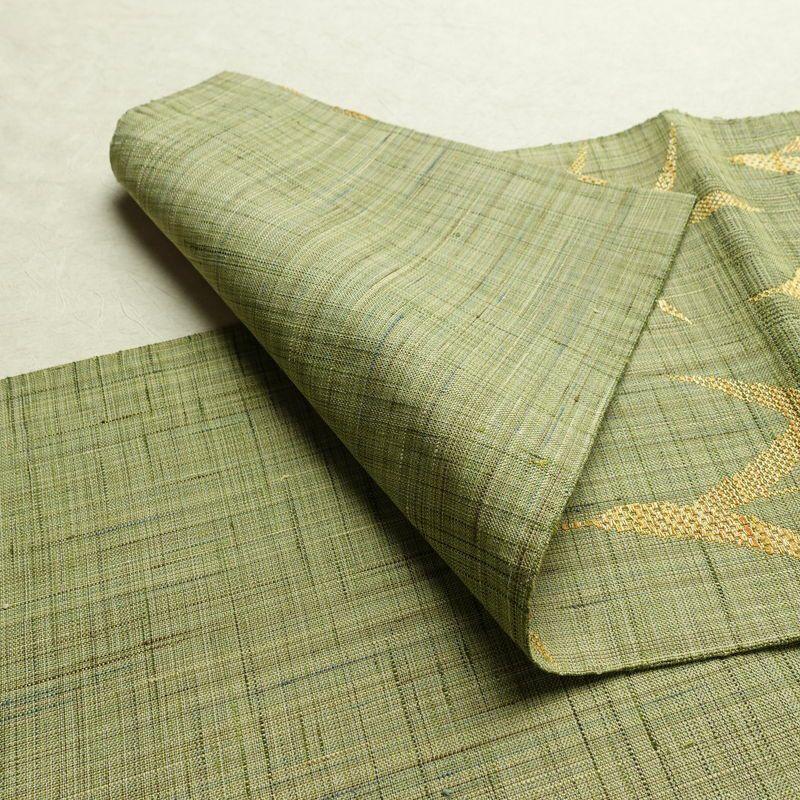 名古屋帯 六通柄 美品 正絹 木の葉・植物柄 通し仕立て なごや帯 リサイクル帯 帯 紬地 緑・うぐいす色_画像10