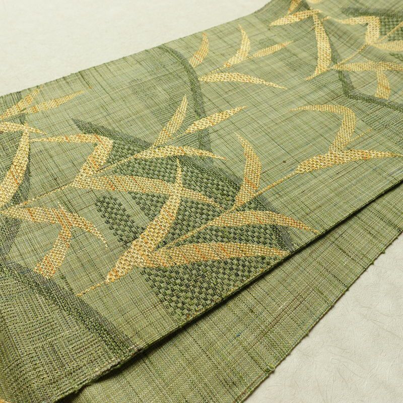 名古屋帯 六通柄 美品 正絹 木の葉・植物柄 通し仕立て なごや帯 リサイクル帯 帯 紬地 緑・うぐいす色_画像12