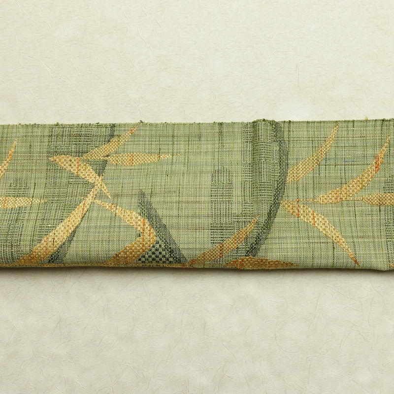 名古屋帯 六通柄 美品 正絹 木の葉・植物柄 通し仕立て なごや帯 リサイクル帯 帯 紬地 緑・うぐいす色_画像15