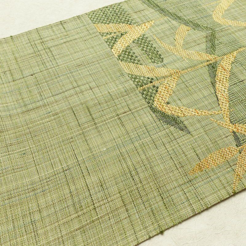 名古屋帯 六通柄 美品 正絹 木の葉・植物柄 通し仕立て なごや帯 リサイクル帯 帯 紬地 緑・うぐいす色_画像17