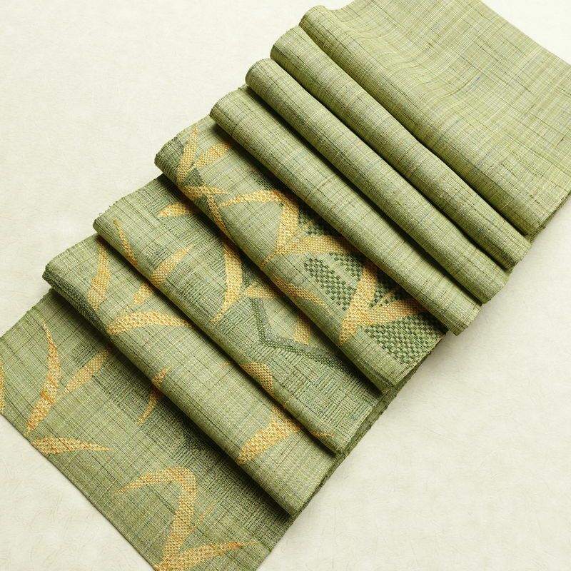 名古屋帯 六通柄 美品 正絹 木の葉・植物柄 通し仕立て なごや帯 リサイクル帯 帯 紬地 緑・うぐいす色_画像19