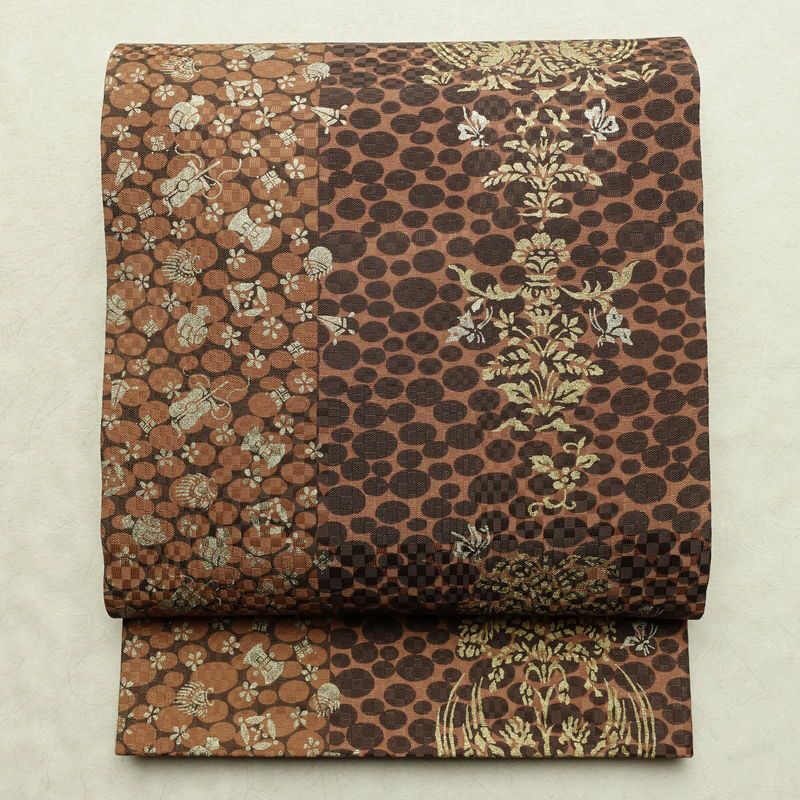 袋帯 六通柄 良品 フォーマル用 正絹 古典柄 リサイクル帯 帯 箔 パーティー モダン 茶_画像1