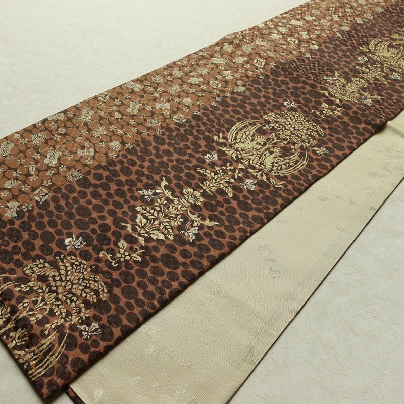 袋帯 六通柄 良品 フォーマル用 正絹 古典柄 リサイクル帯 帯 箔 パーティー モダン 茶_画像8