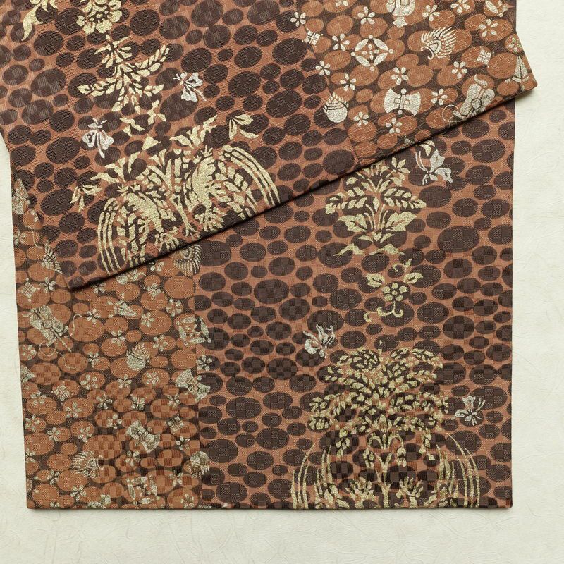袋帯 六通柄 良品 フォーマル用 正絹 古典柄 リサイクル帯 帯 箔 パーティー モダン 茶_画像12