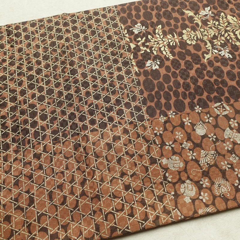 袋帯 六通柄 良品 フォーマル用 正絹 古典柄 リサイクル帯 帯 箔 パーティー モダン 茶_画像15