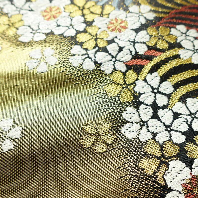 袋帯 六通柄 正絹 花柄 リサイクル帯 帯 引箔 結婚式 成人式 パーティー 華やか 桜 黒_画像6