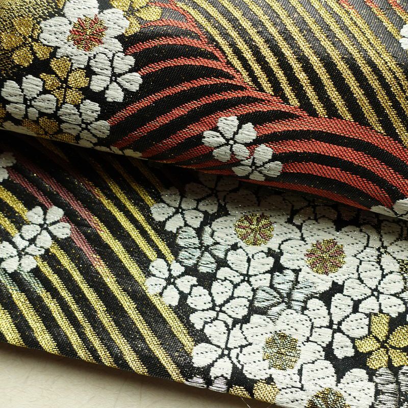 袋帯 六通柄 正絹 花柄 リサイクル帯 帯 引箔 結婚式 成人式 パーティー 華やか 桜 黒_画像7