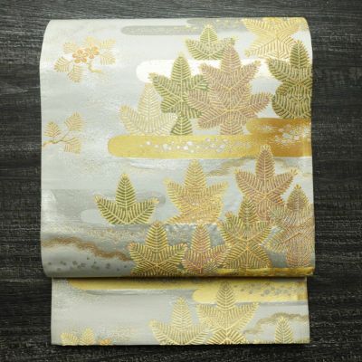 袋帯 六通柄 フォーマル用 正絹 木の葉・植物柄 リサイクル帯 帯 箔 入学式 卒業式 七五三 パーティー お宮参り 華やか グレー