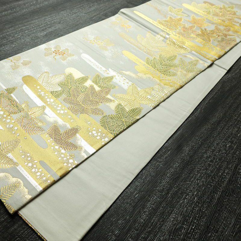袋帯 六通柄 フォーマル用 正絹 木の葉・植物柄 リサイクル帯 帯 箔 入学式 卒業式 七五三 パーティー お宮参り 華やか グレー_画像8