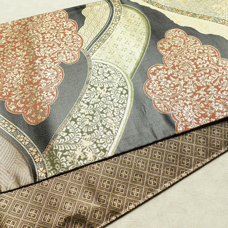 袋帯 元禄唐草文様 六通柄 美品 フォーマル用 未仕立て 正絹 古典柄 リサイクル帯 帯 箔 黒_画像12