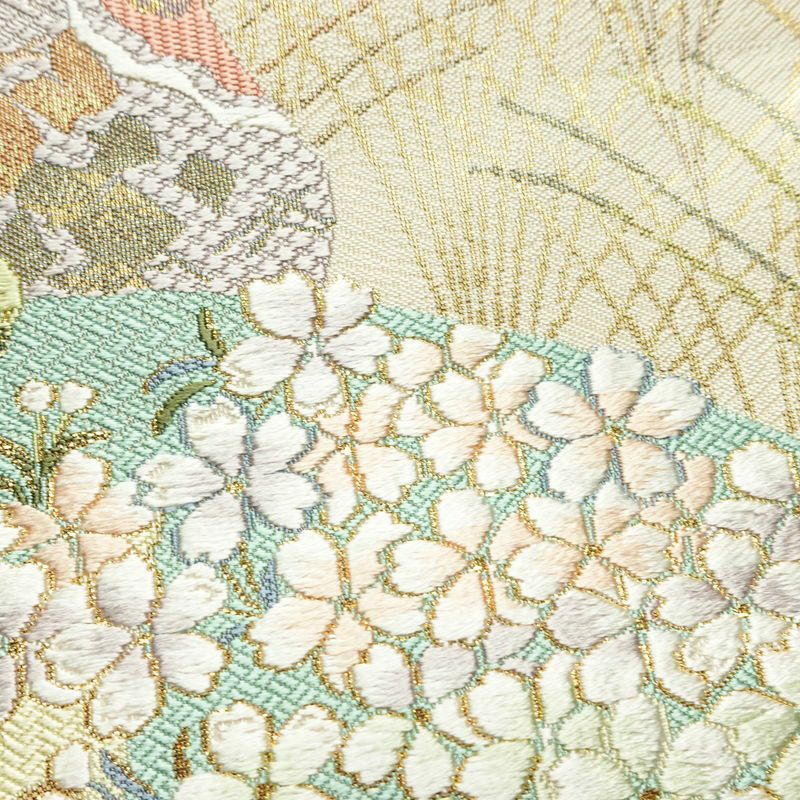 袋帯 六通柄 美品 フォーマル用 正絹 木の葉・植物柄 リサイクル帯 帯 箔 入学式 卒業式 結婚式 七五三 お宮参り 四季花 紅葉 松 桜 ベージュ_画像3