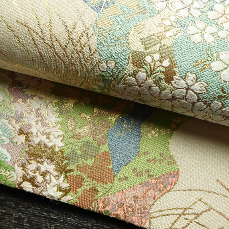 袋帯 六通柄 美品 フォーマル用 正絹 木の葉・植物柄 リサイクル帯 帯 箔 入学式 卒業式 結婚式 七五三 お宮参り 四季花 紅葉 松 桜 ベージュ_画像8