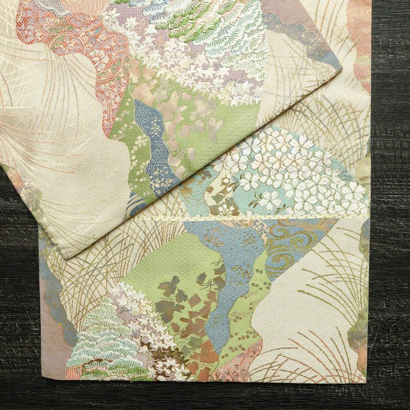袋帯 六通柄 美品 フォーマル用 正絹 木の葉・植物柄 リサイクル帯 帯 箔 入学式 卒業式 結婚式 七五三 お宮参り 四季花 紅葉 松 桜 ベージュ_画像14